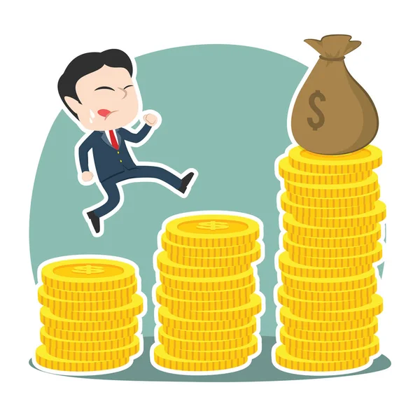 Asian Businessman Climbing Coins Stair Get Sack Money — Stock Vector