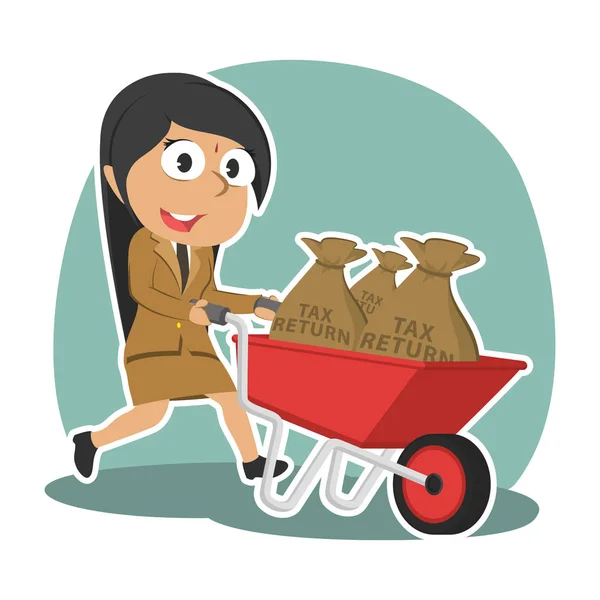 印度女商人拿着独轮车报税 — 图库矢量图片