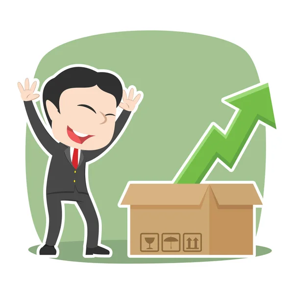 Asiático Empresario Feliz Ver Arriba Gráfico Fuera Caja — Vector de stock