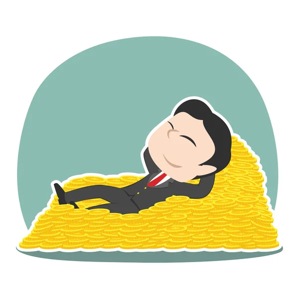 Asian Businessman Sleeping Coin Bed — Stock Vector