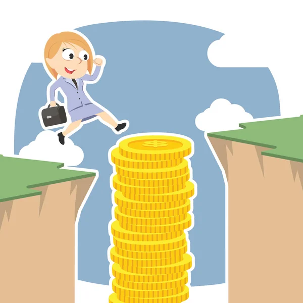 Businesswoman Use Coins Stack Jump Cliff — Stock Vector
