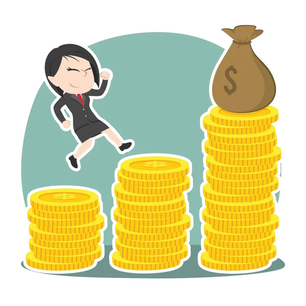 Asian Businesswoman Climbing Coins Stair Get Sack Money — Stock Vector