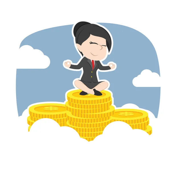 Азиатская Бизнесвумен Медитирует Вершине Пика Монет Лицензионные Стоковые Иллюстрации