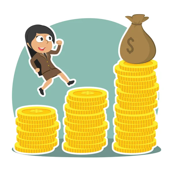 Indian Businesswoman Climbing Coins Stair Get Sack Money — Stock Vector