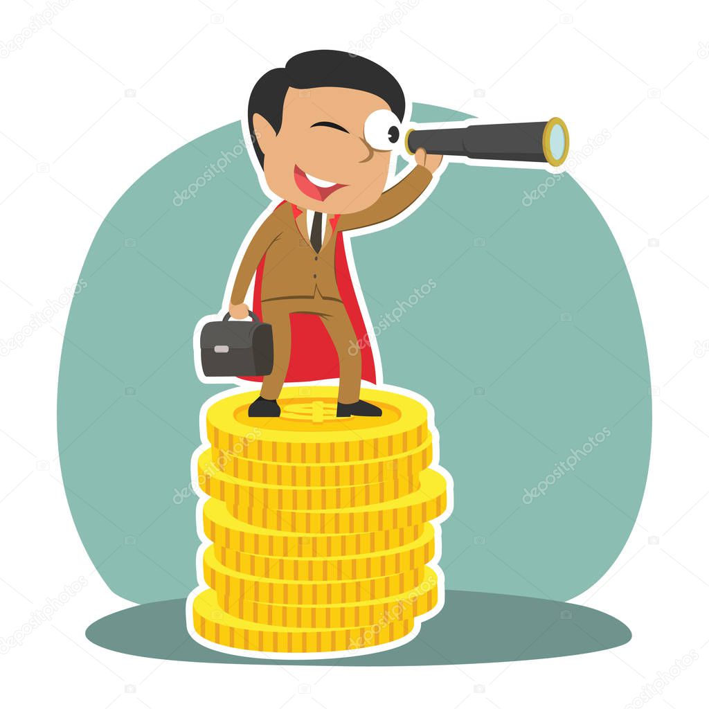 super indian businessman using binocular on top of coins
