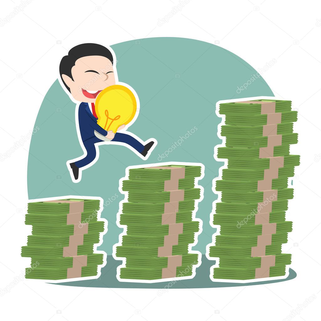 asian businessman climbing money stairs with his idea