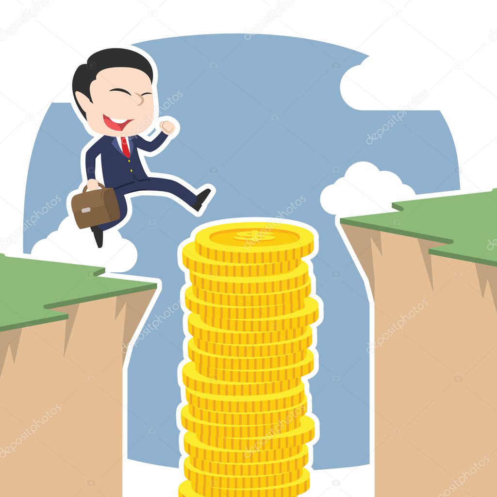 asian businessman use coins stack to jump over cliff