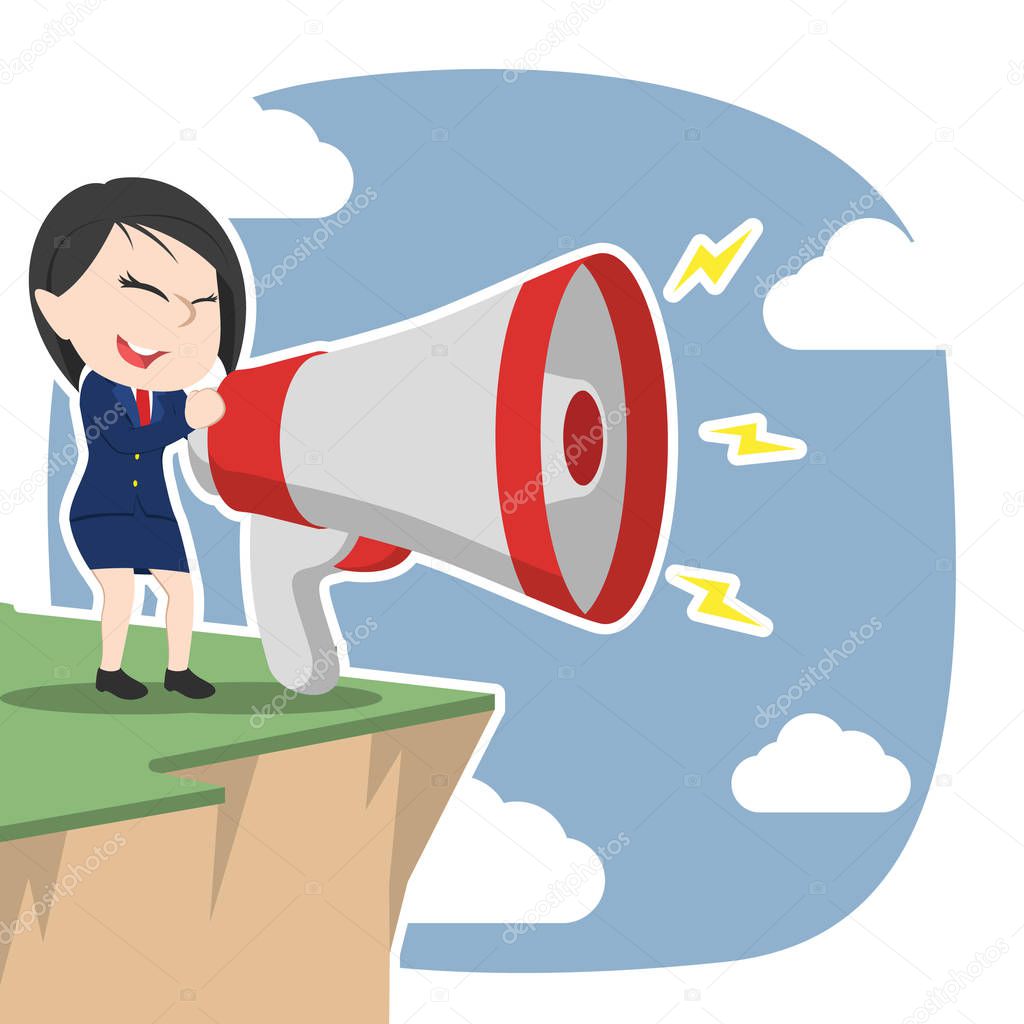 asian businesswoman shouting with big megaphone on cliff edge