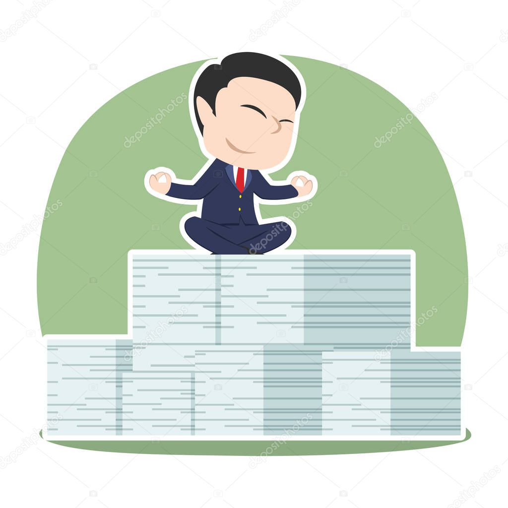 asian businessman meditating on his document task stack