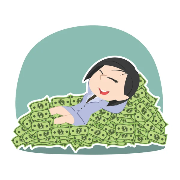 Asian Businessman Sleeping Lyin Money Bed — Stock Vector