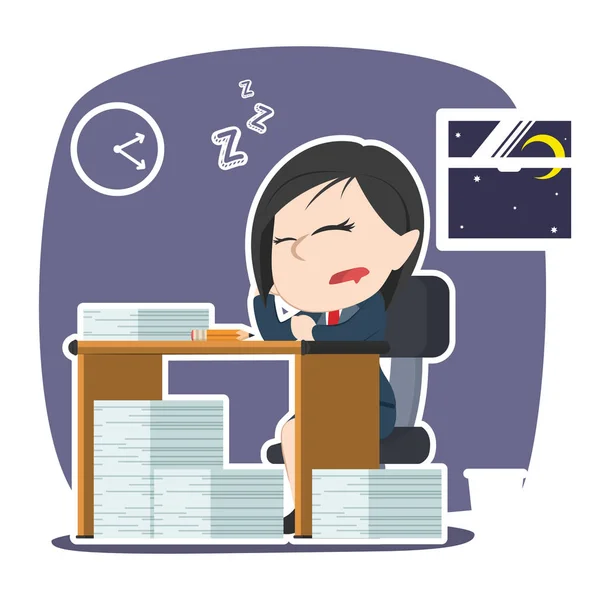 Asiatico Businesswoman Con Laptop Dormire Mentre Lavoro Straordinario — Vettoriale Stock