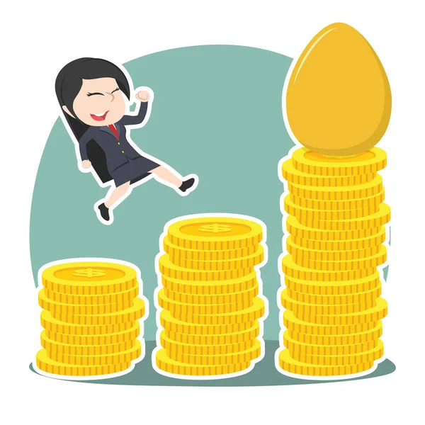 Asian Businesswoman Climbing Coins Stair Get Golden Egg — Stock Vector