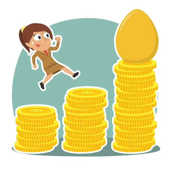 Indian Businesswoman Climbing Coins Stair Get Golden Egg — Stock Vector