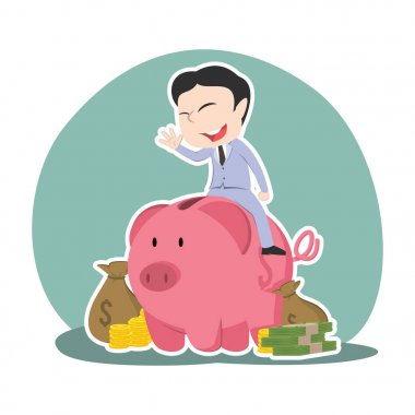 bir sürü para ile piggy banka üzerinde Asya iş adamı