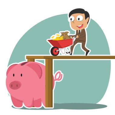 Hintli işadamı el arabası para kumbara iterek