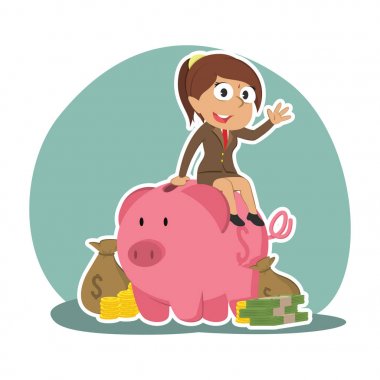 bir sürü para ile piggy banka üzerinde Hint iş kadını
