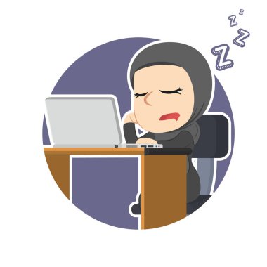 Daire içinde uyuyan dizüstü bilgisayar ile Arap iş kadını