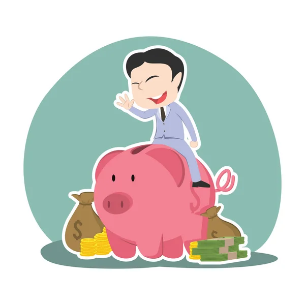 bir sürü para ile piggy banka üzerinde Asya iş adamı