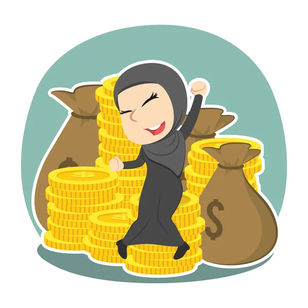 Glückliche Arabische Geschäftsfrau Sitzt Auf Einem Haufen Geld — Stockvektor