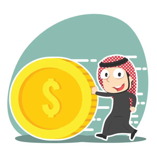 Árabe Empresário Empurrando Moeda Ilustração Design —  Vetores de Stock