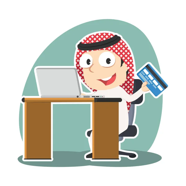Homme Affaires Arabe Avec Ordinateur Portable Carte Crédit — Image vectorielle