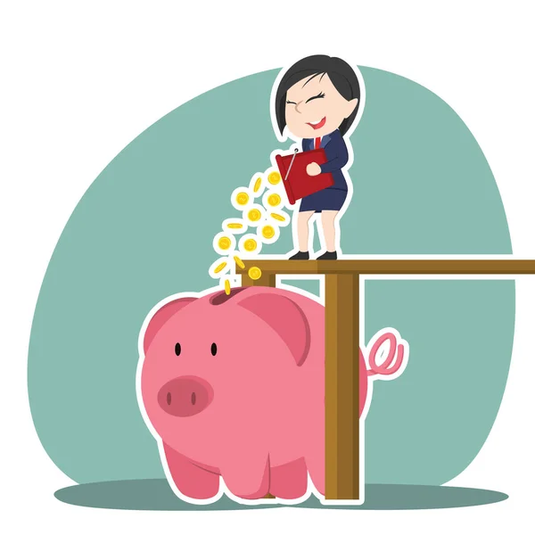 Asiático Mujer Negocios Poner Monedas Piggy Banco Vector De Stock