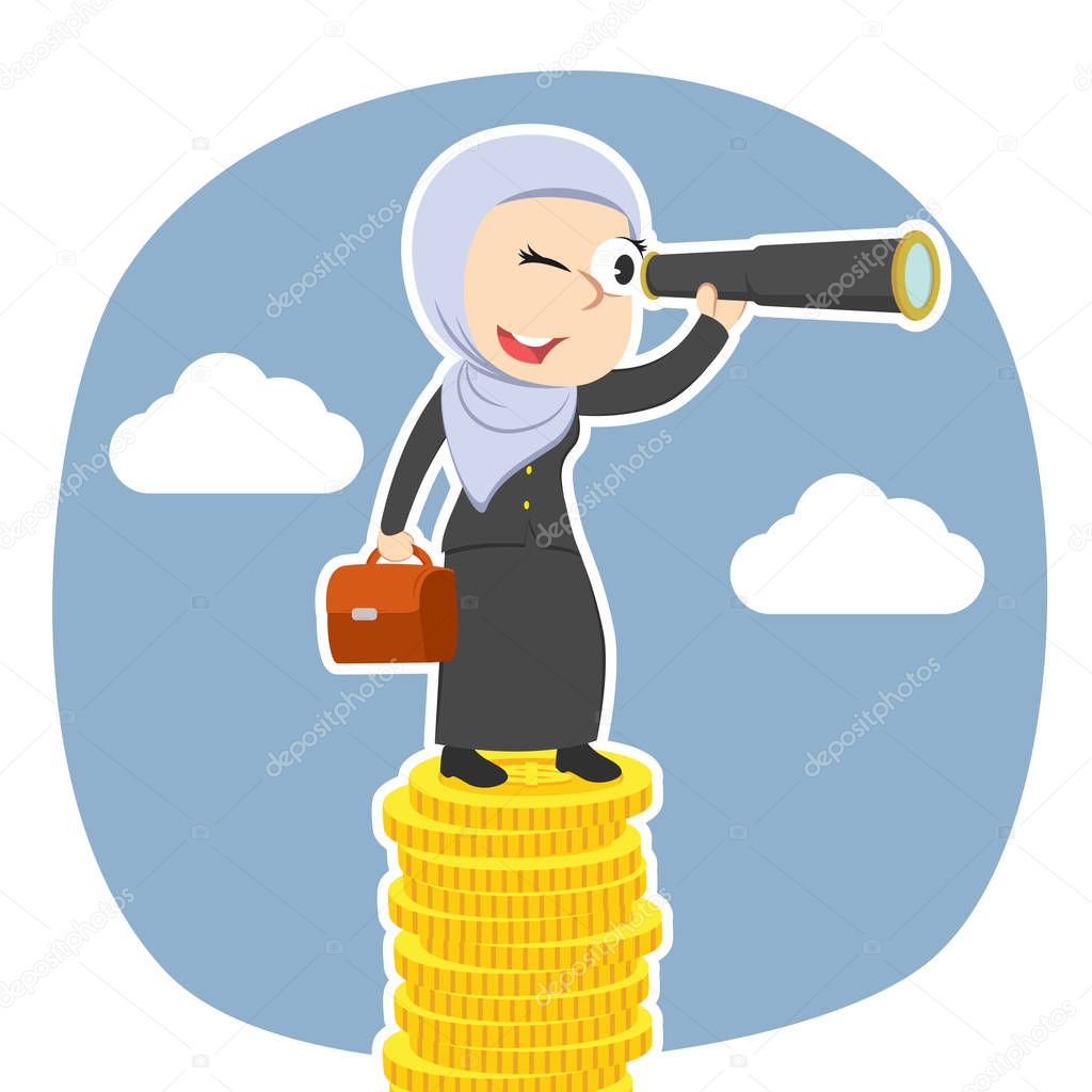arabian businesswoman looking through monocular on coins