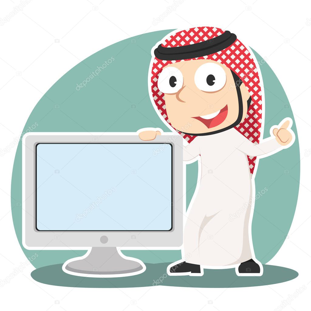 arabian businessman presenting big blank monitor