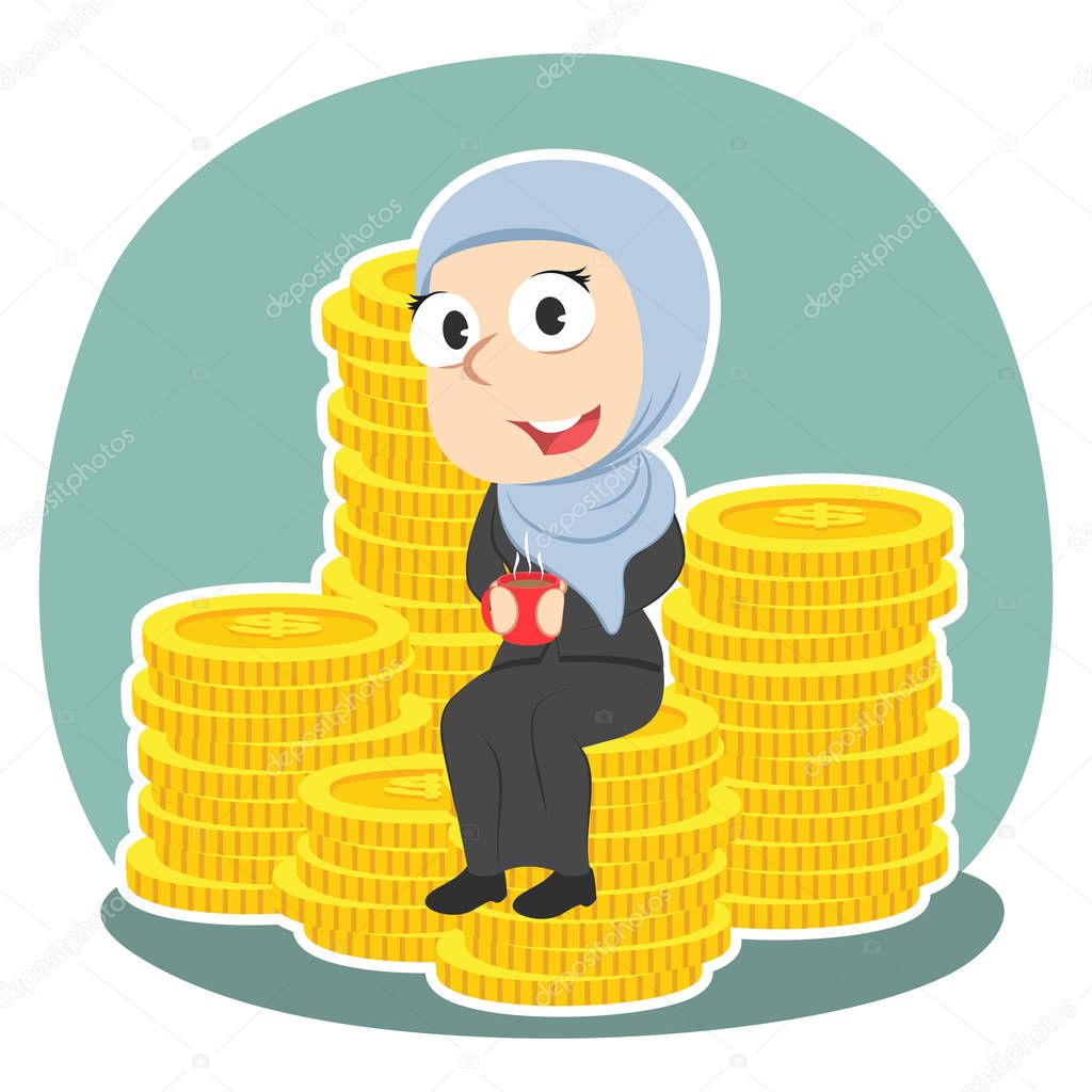 arabian businesswoman drinking coffee on a stack of coins