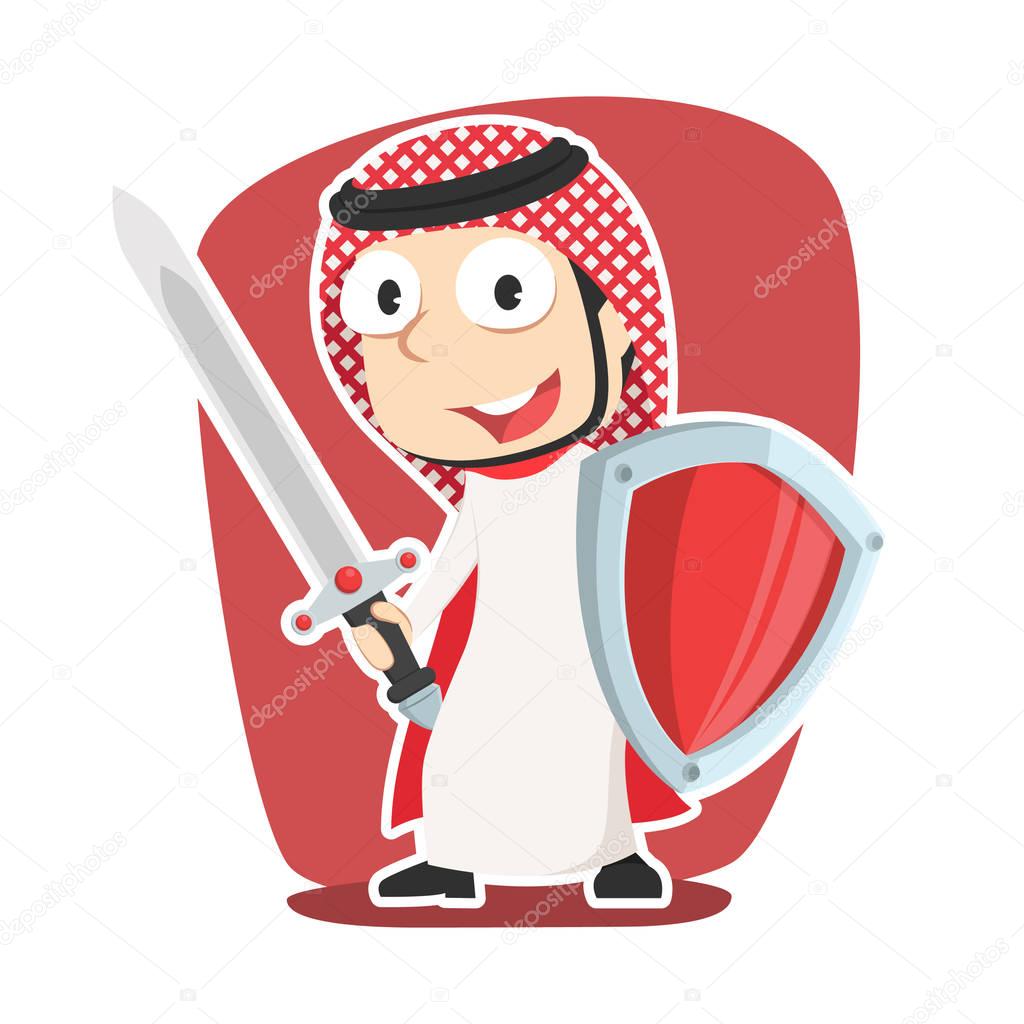 super arabian businessman with sword and shield
