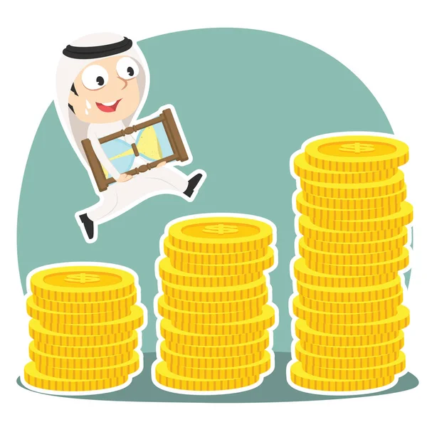 Arabský Obchodník Schodech Mince Nesoucí Přesýpací Hodiny — Stockový vektor