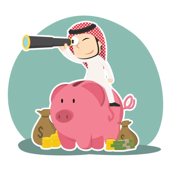 Arabischer Geschäftsmann Benutzt Fernglas Auf Sparschwein — Stockvektor