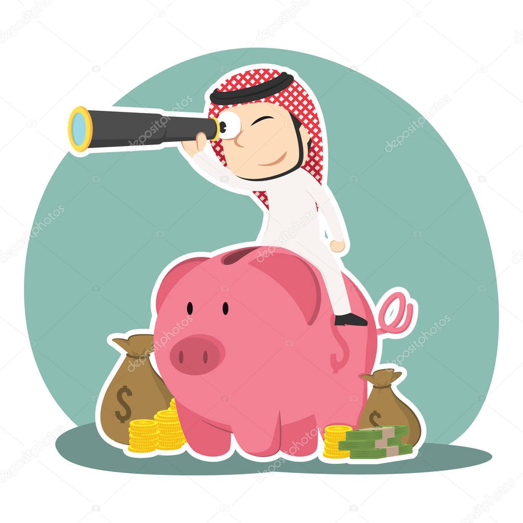 arabian businessman is using binocular on piggy bank