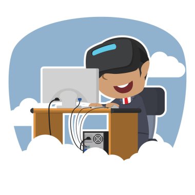 Afrika işadamı VR gökyüzü arka plan ile çalışma