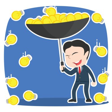 Asya işadamı fikir fikir yağmurda şemsiye ile toplama