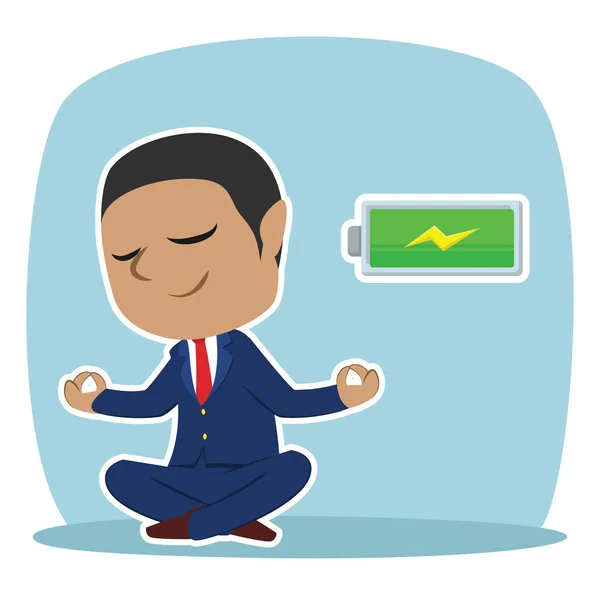 Hombre Negocios Africano Haciendo Yoga Con Batería Completa — Vector de stock