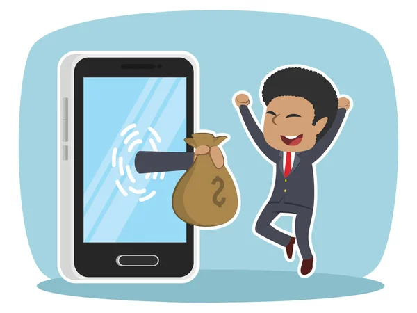 Afrikaanse Zakenman Gelukkig Kreeg Geld Van Smartphone — Stockvector