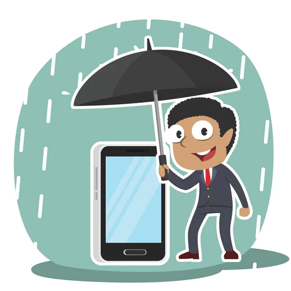 Megvédi Telefonját Esernyő Afrikai Üzletember — Stock Vector
