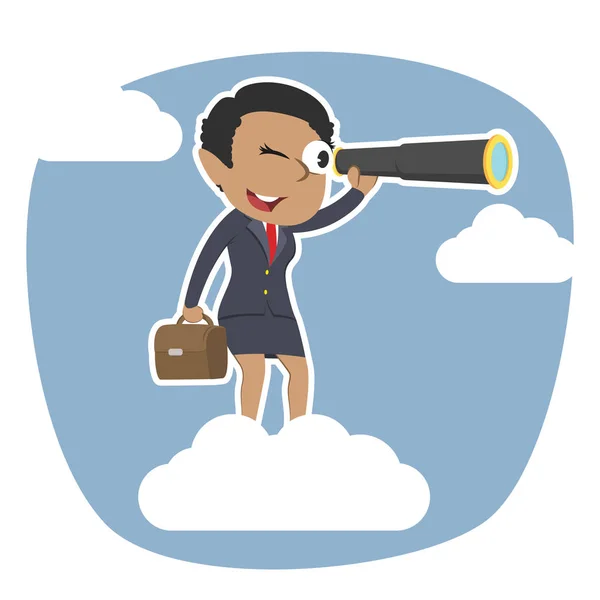 Afrikanische Geschäftsfrau Auf Wolken Blickt Durch Ein Monokular — Stockvektor