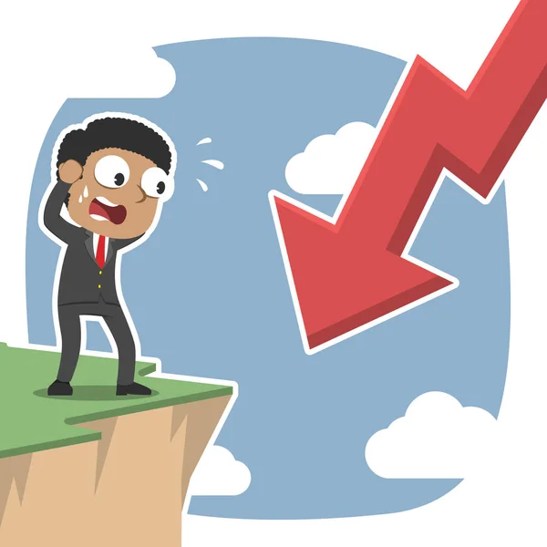 African Businessman Shock See Downward Arrow Cliff Edge — Stock Vector