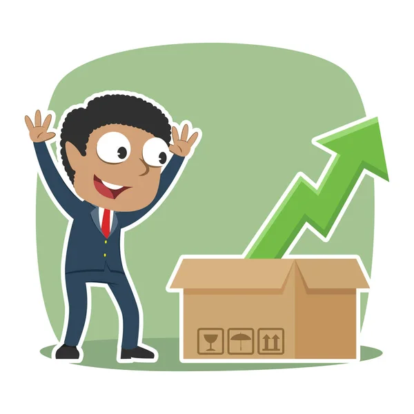 Africano Empresario Feliz Ver Hacia Arriba Gráfico Fuera Caja — Vector de stock