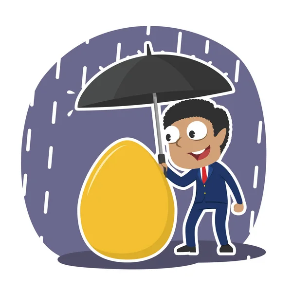 African Businessman Protecting His Golden Egg Umbrella — Stock Vector