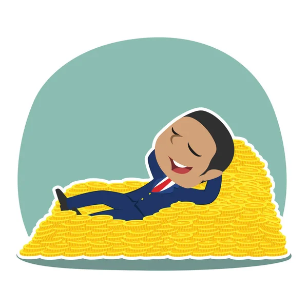 African Businessman Sleeping Coin Bed — Stock Vector