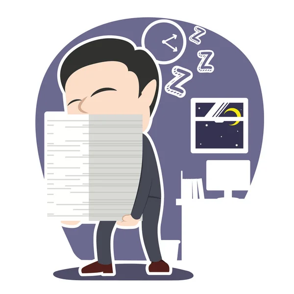 Sleepy Asian Businessman Carrying Pile Paper — Stock Vector