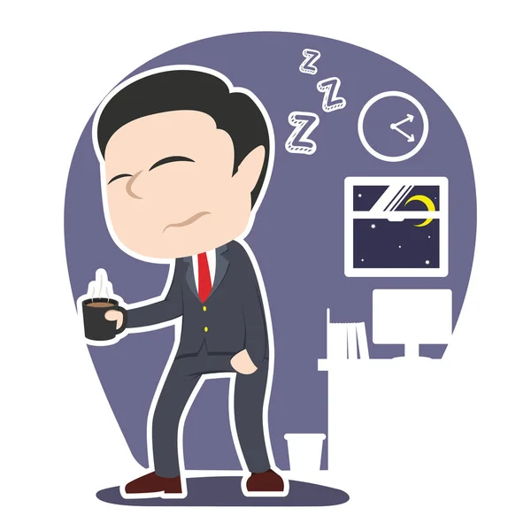 Sleepy Asian Businessman Holding Cup Coffee — Stock Vector