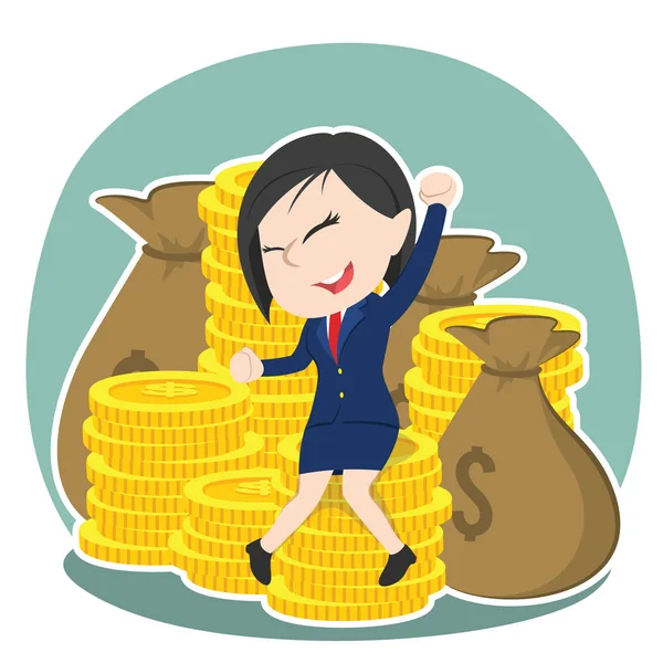 Happy Asijské Podnikatelka Sedí Hromadě Peněz — Stockový vektor