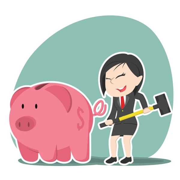 Asian Businesswoman Going Break Piggy Bank — Stock Vector