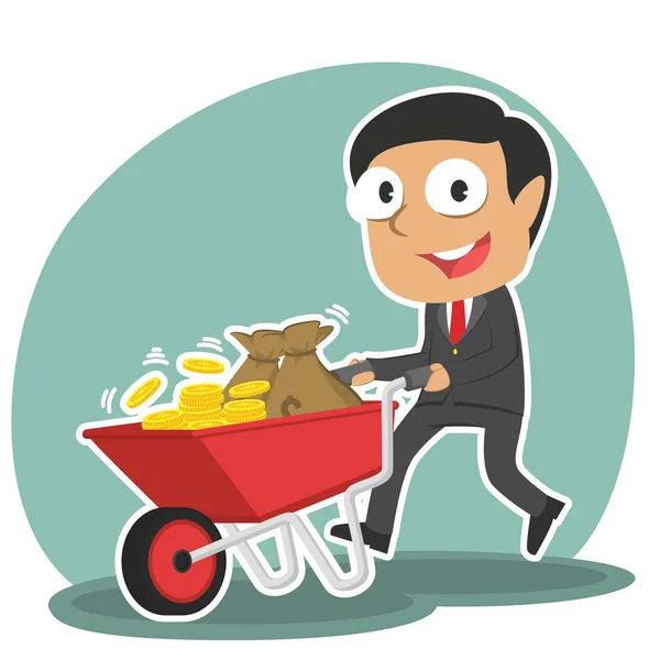 Indian Businessman Pushing Wheelbarrow Full Coins — Stock Vector