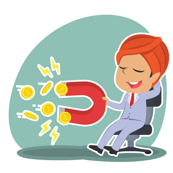 индийский бизнесмен расслабляется, используя магнит, чтобы привлечь монету
