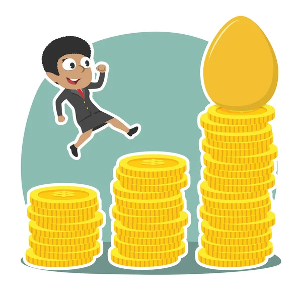 African Businesswoman Climbing Coins Stair Get Golden Egg — Stock Vector